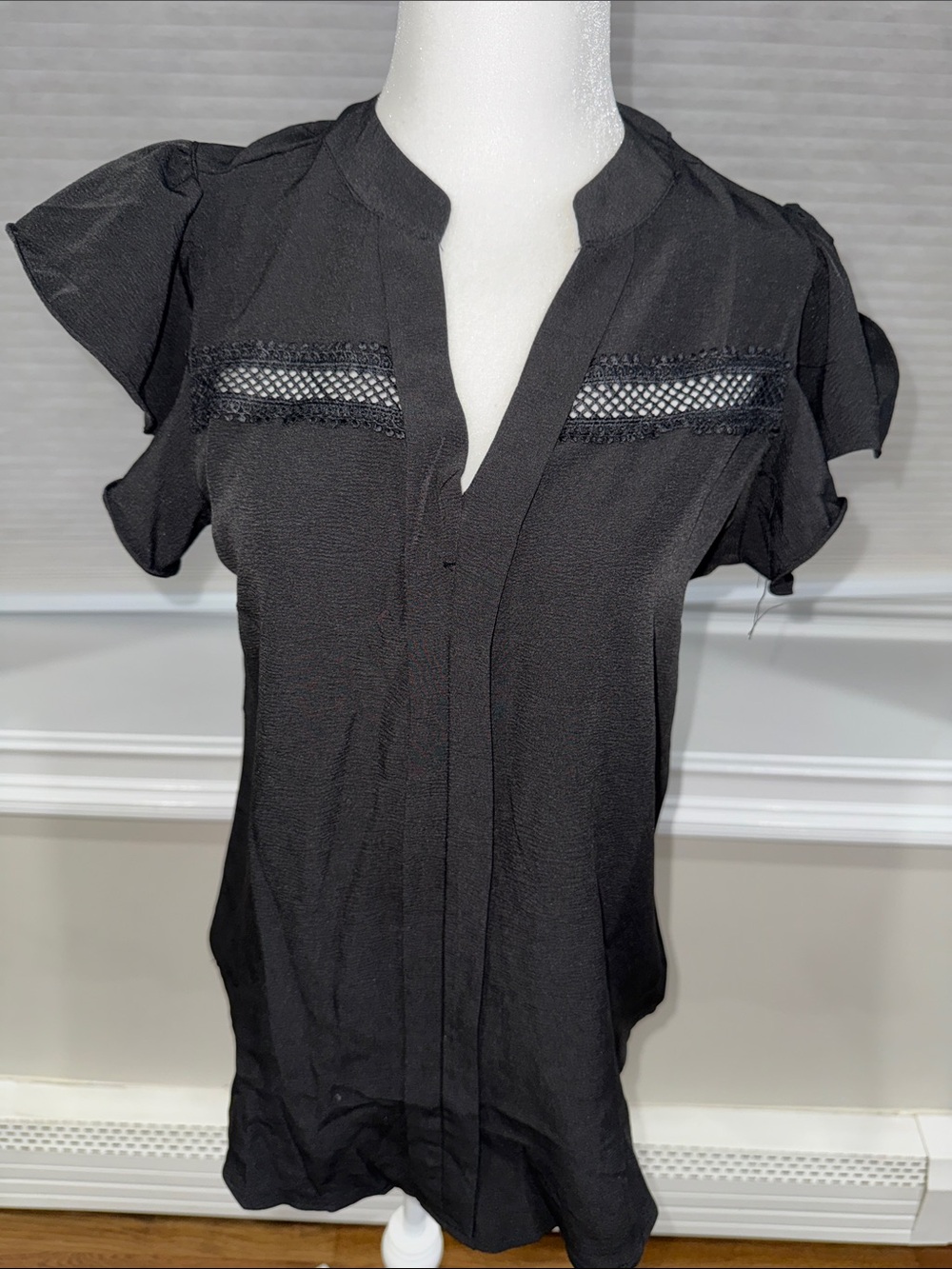 Black Split-Neck Short Sleeve Blouse with Lace Insets